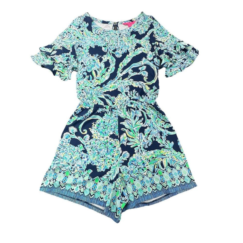 LILLY PULITZER Blue Green Floral Romper XS Ruffle Sleeve Elastic Waist
